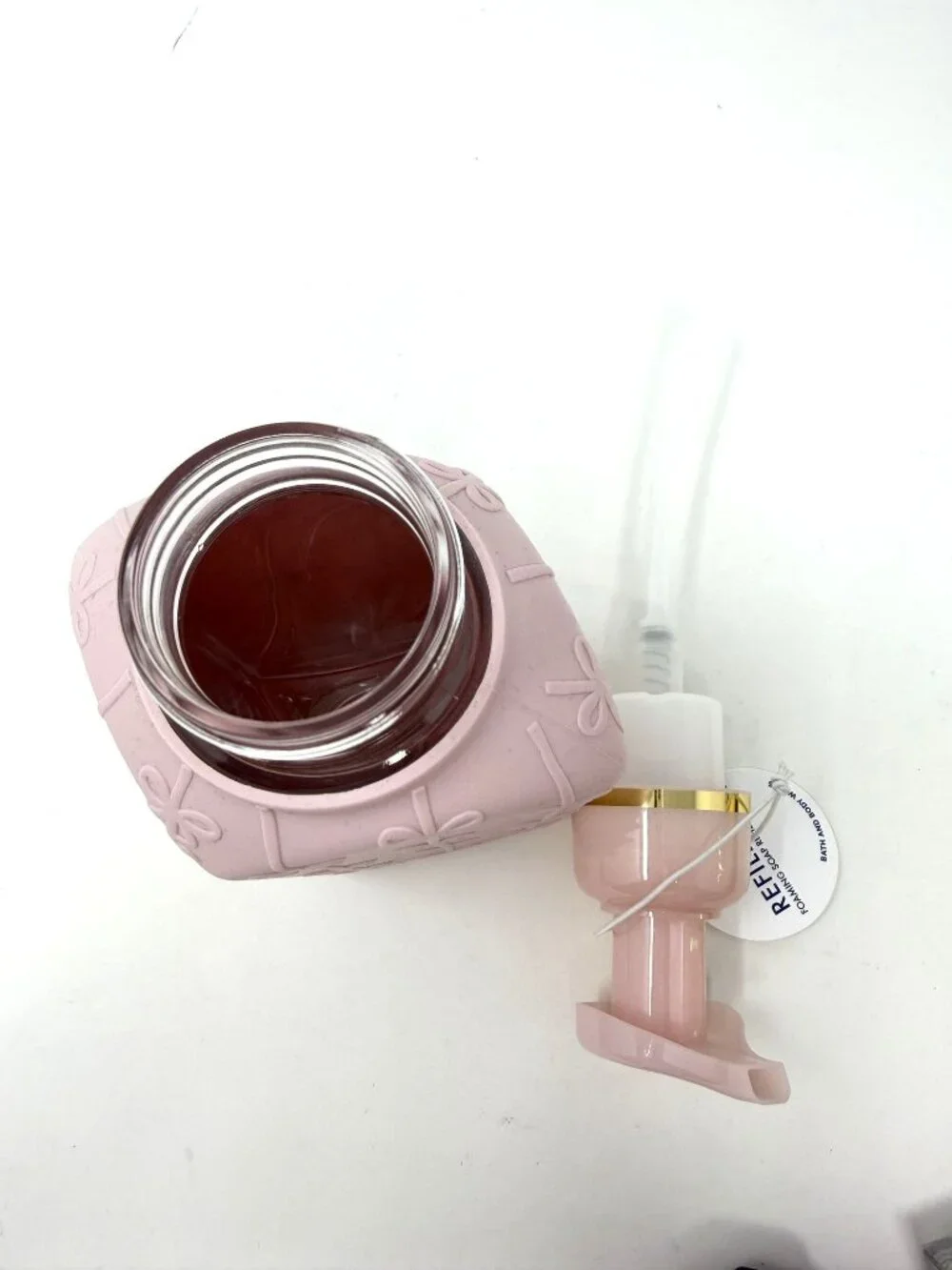 Bath & Body Works Pink Silicone Bows Foaming Hand Soap Glass Dispenser